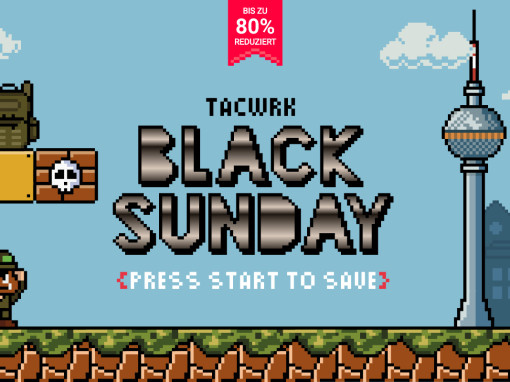 TACWRK BlackSunday Pixel-Art Banner mit Berliner Fernsehturm und Retro-Game-Design – bis zu 80 % reduziert.