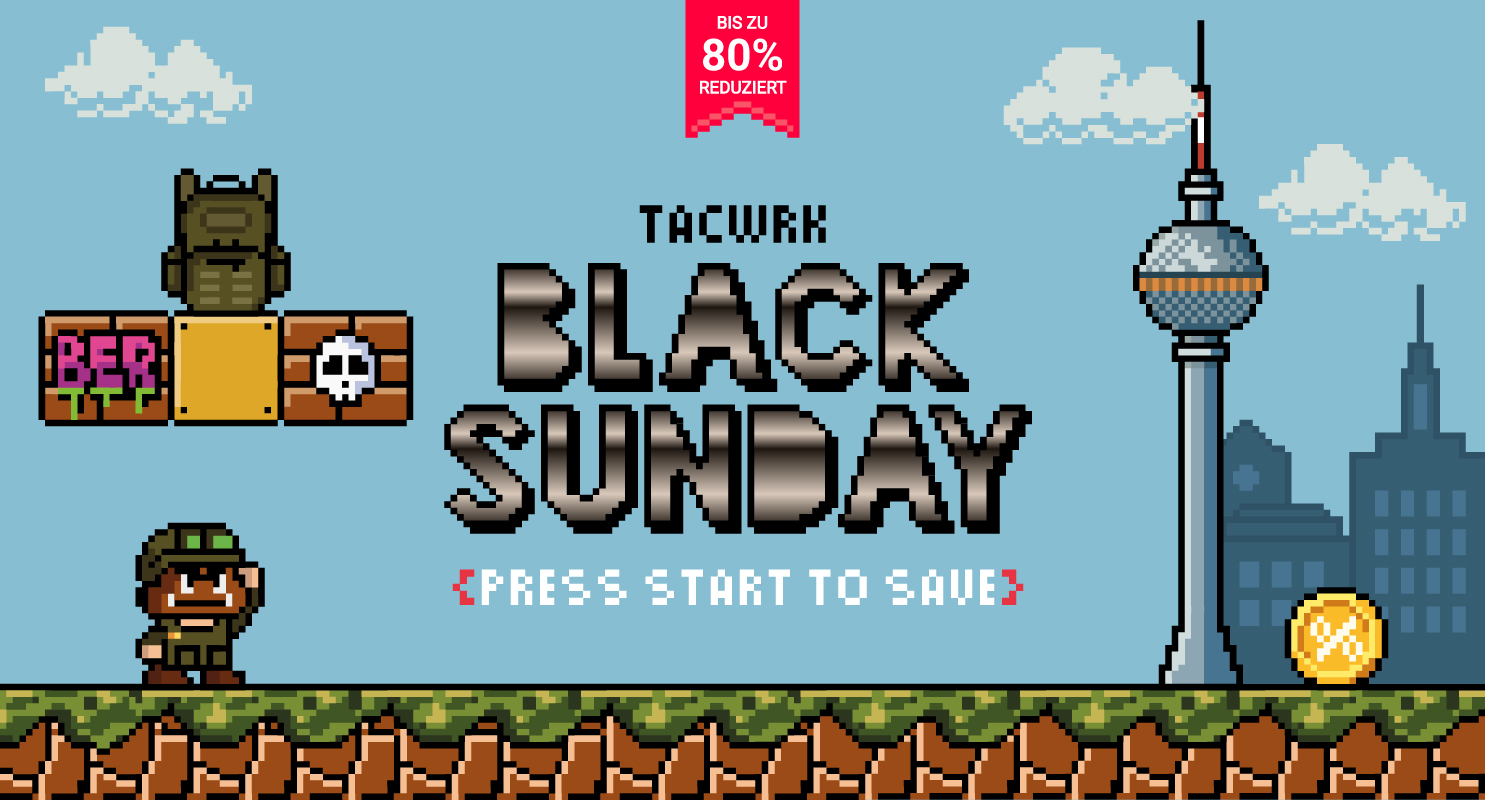 TACWRK BlackSunday Pixel-Art Banner mit Berliner Fernsehturm und Retro-Game-Design – bis zu 80 % reduziert.