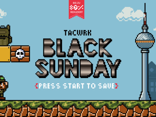 TACWRK BlackSunday Pixel-Art Banner mit Berliner Fernsehturm und Retro-Game-Design – bis zu 80 % reduziert.