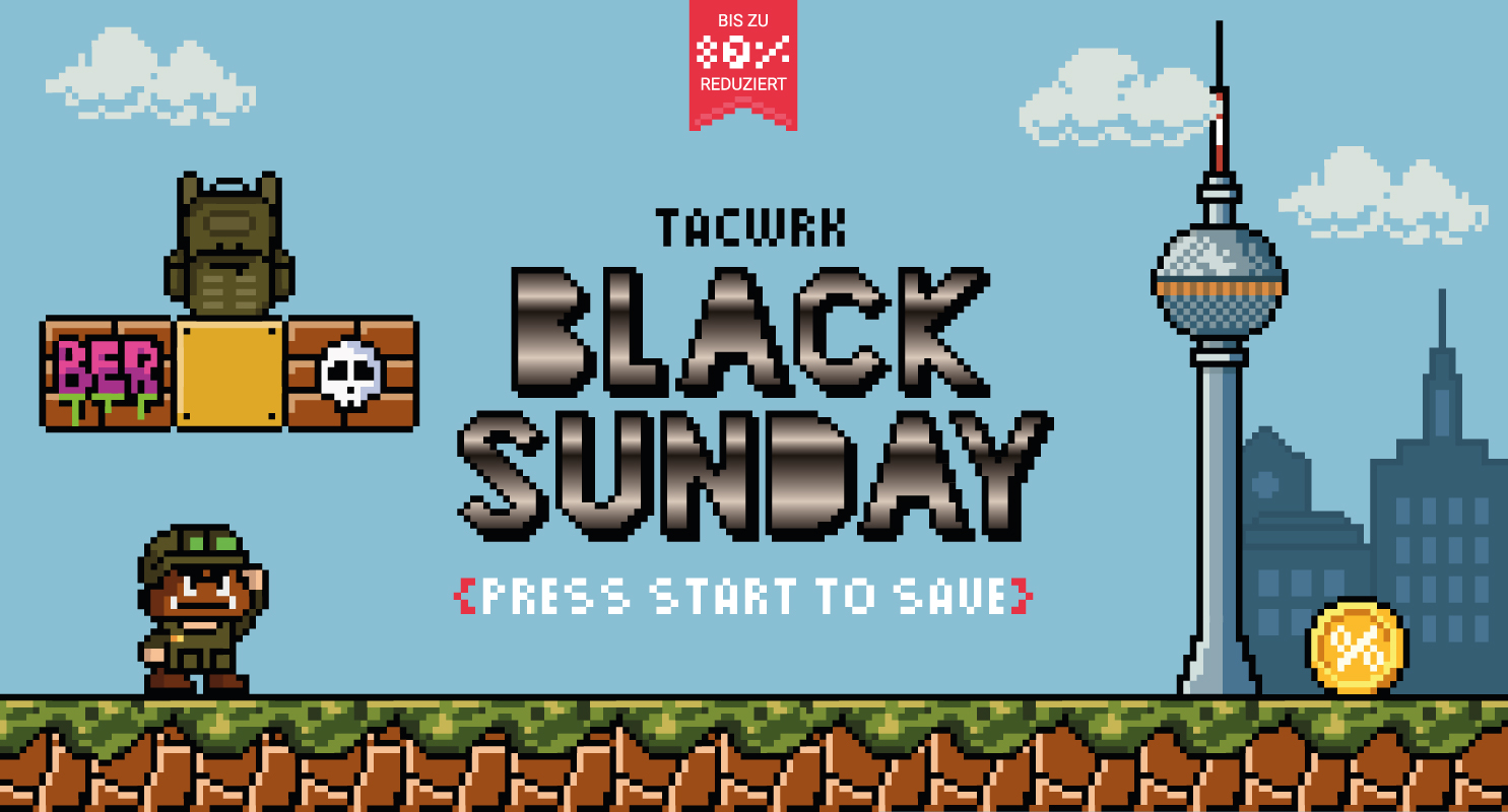 TACWRK BlackSunday Pixel-Art Banner mit Berliner Fernsehturm und Retro-Game-Design – bis zu 80 % reduziert.