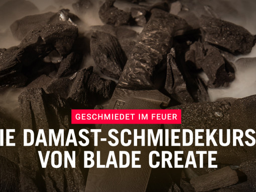 Glühende Kohle und ein erhitztes Messer in einer Schmiede – visuelle Darstellung für die Damast-Schmiedekurse von Blade Create.