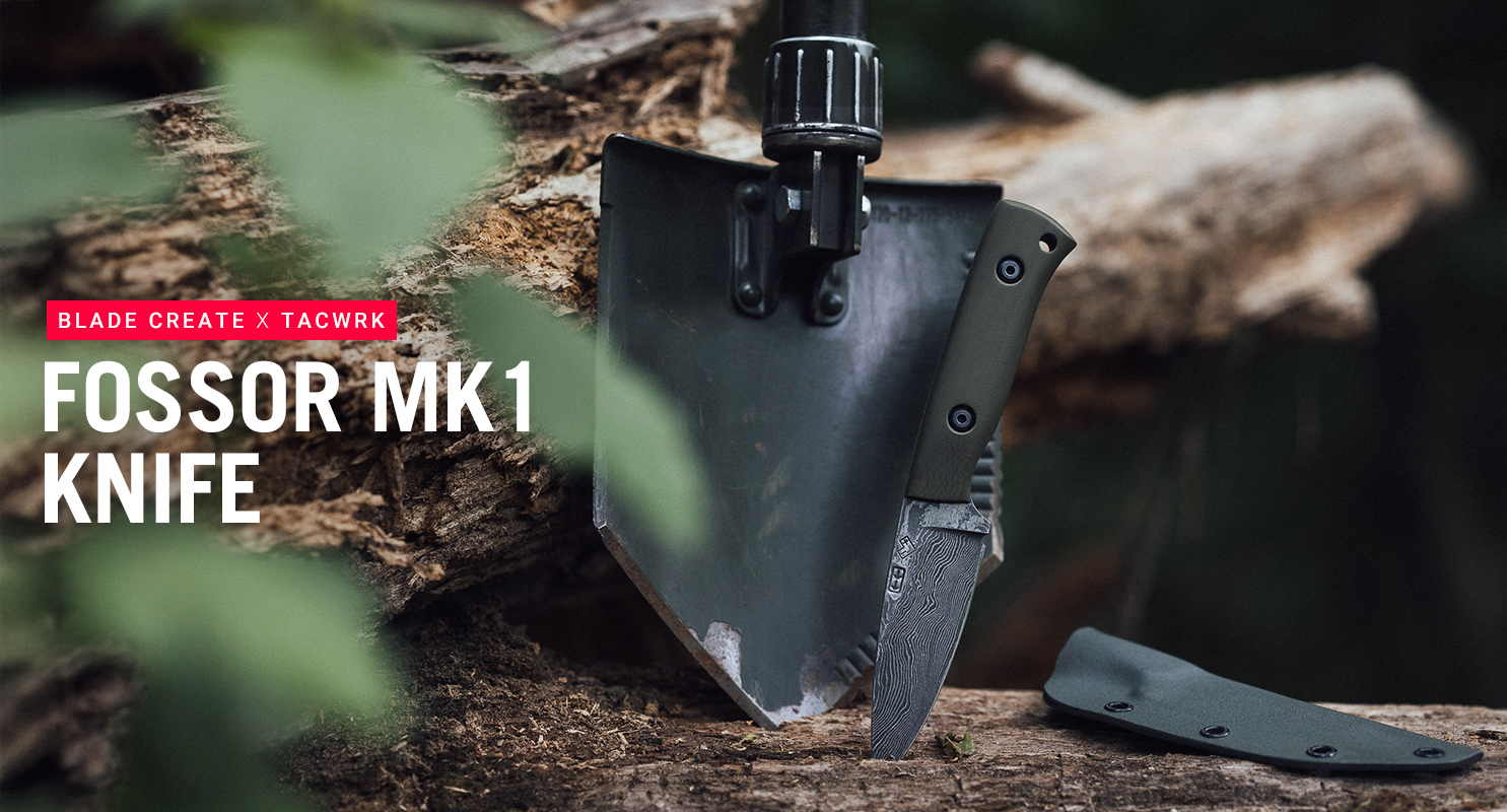 Fossor MK1 Messer aus recyceltem Bundeswehr-Spatenstahl mit Damastklinge, Kydexscheide und originalem Dreifachspaten im Outdoor-Setting