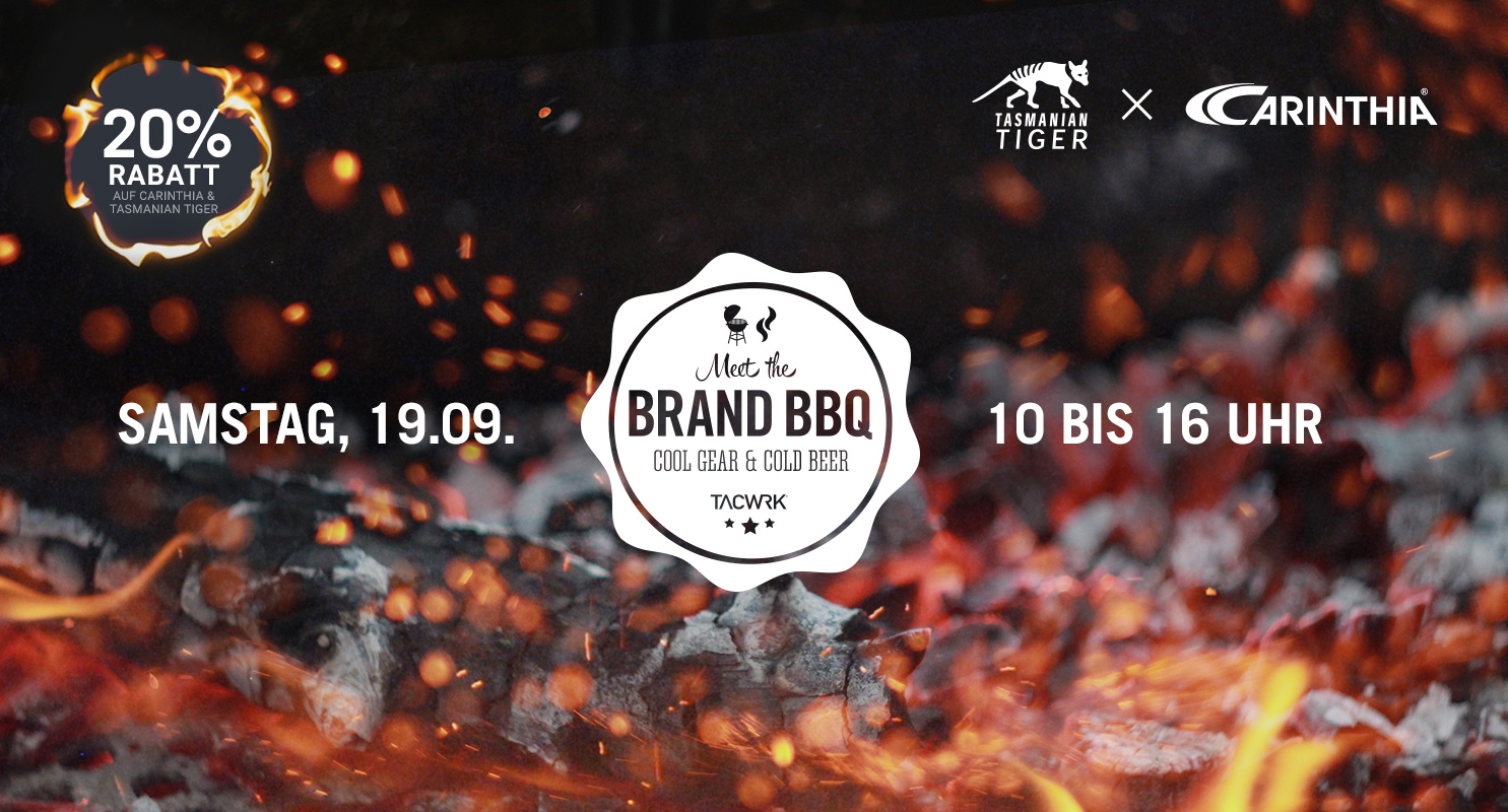 Meet the Brand BBQ bei TACWRK mit Carinthia und Tasmanian Tiger – Event mit 20 % Rabatt auf Carinthia und Tasmanian Tiger am 19.09. von 10 bis 16 Uhr.